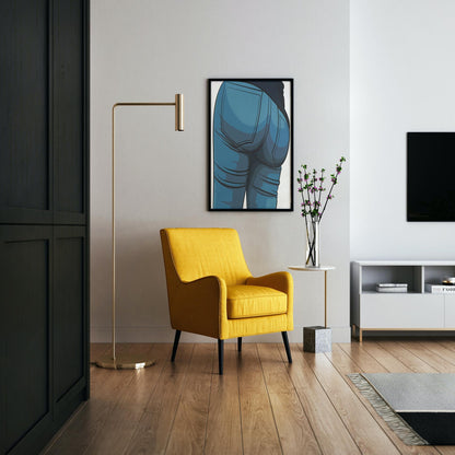 Yellow chair in modern living room with artwork depicting jeans denim on the wall.