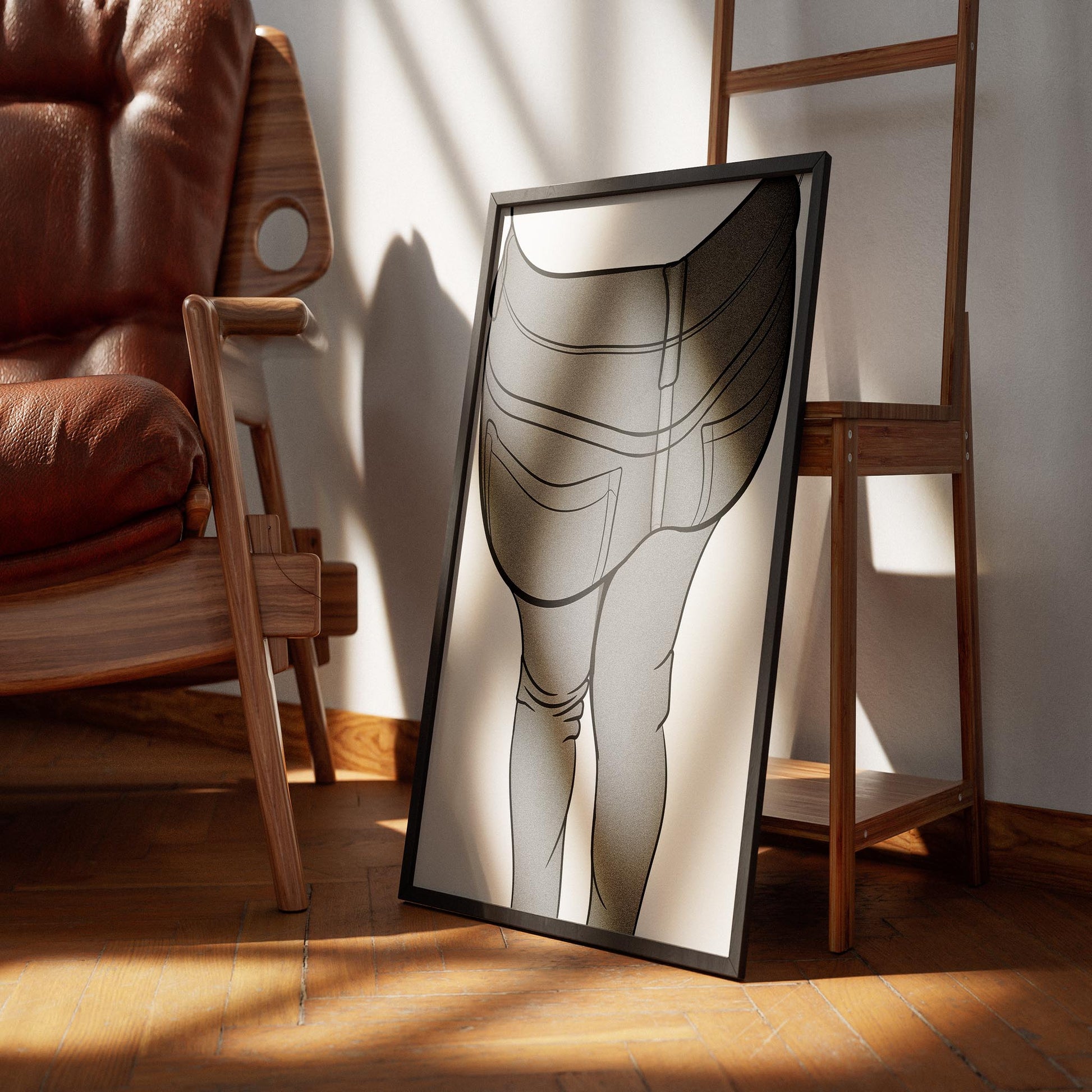 Digital illustration of Jeans Denim Model 15 line art with intricate details, showcased in a stylish frame leaning against a chair.