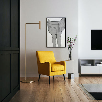 Artistic illustration of jeans hanging on a white wall in a modern living room with yellow armchair and decor.