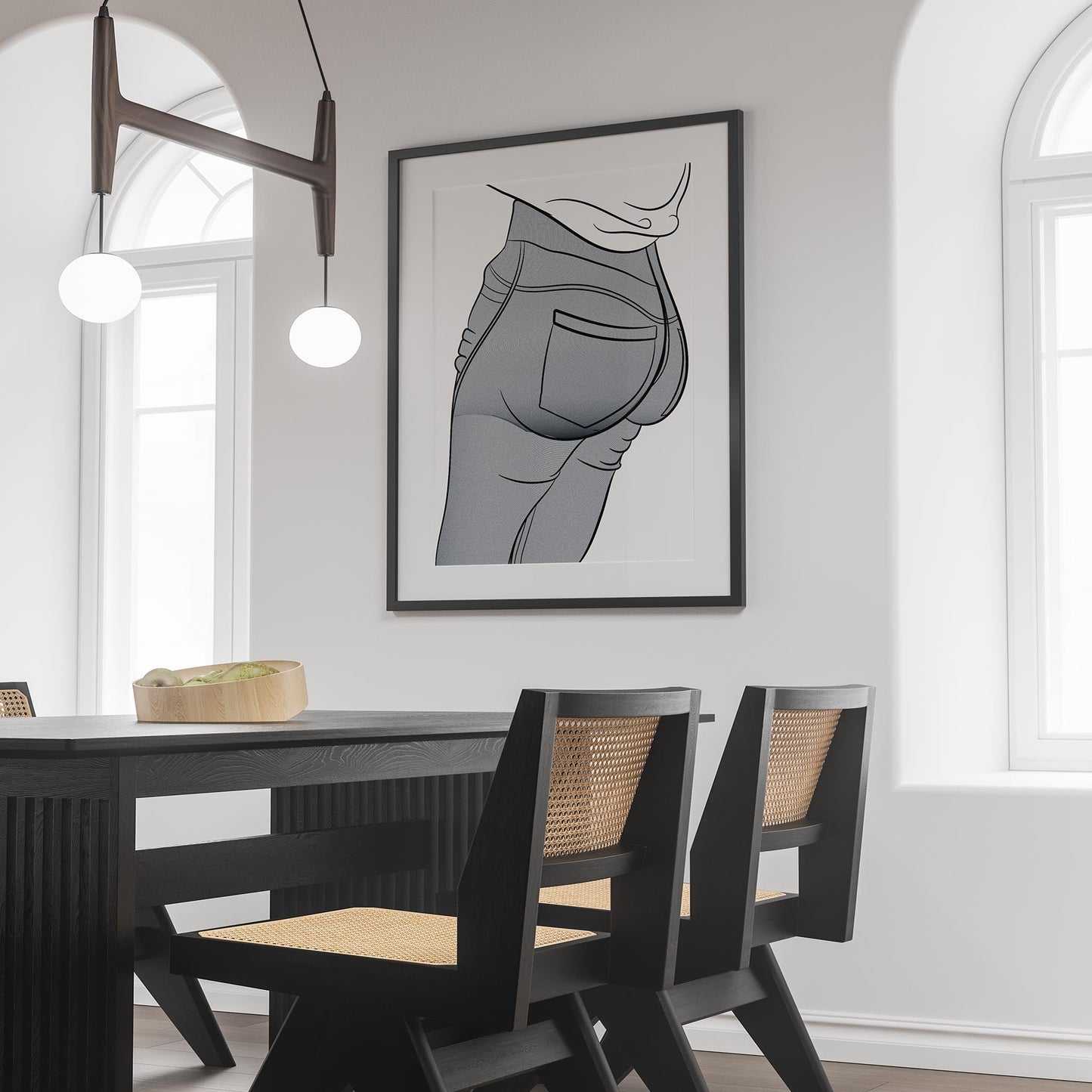 Jeans Denim Model 16 digital line art illustration on wall in modern dining room.