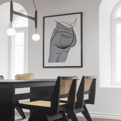 Jeans Denim Model 16 digital line art illustration on wall in modern dining room.