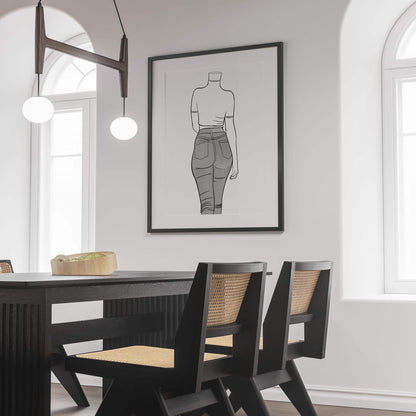 Digital line art of figure wearing jeans denim, displayed in modern room setting.