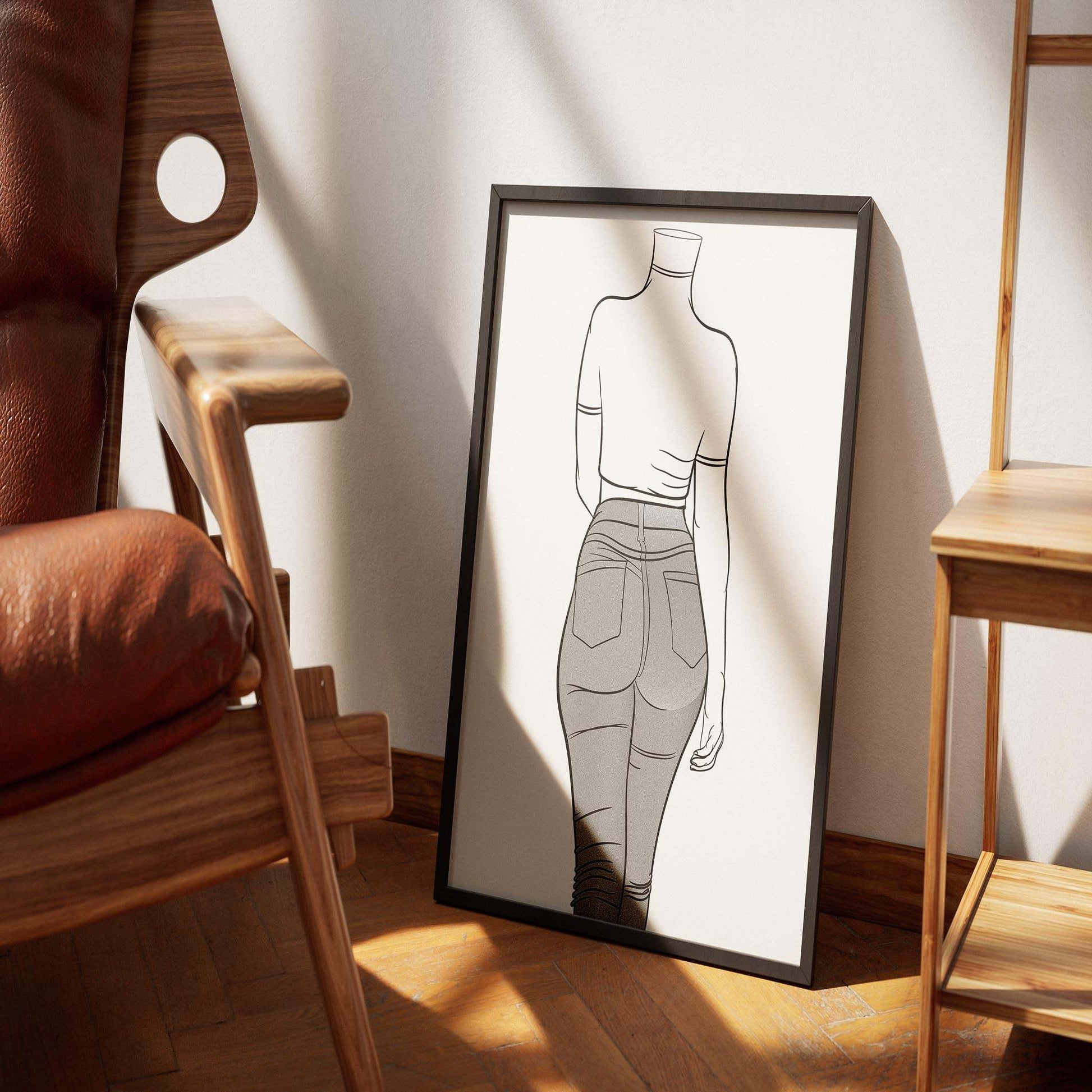 Line art of a figure in denim jeans, styled for modern decor.