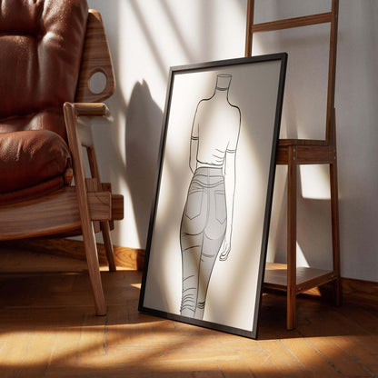 Digital line art of a figure in jeans denim, modern pop art style.