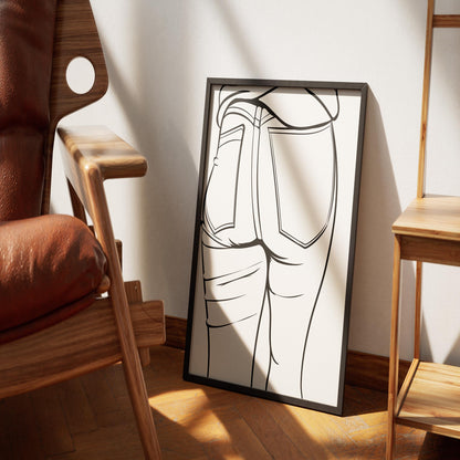 Jeans Denim Model 21 digital line art framed on a wooden floor in sunlight.