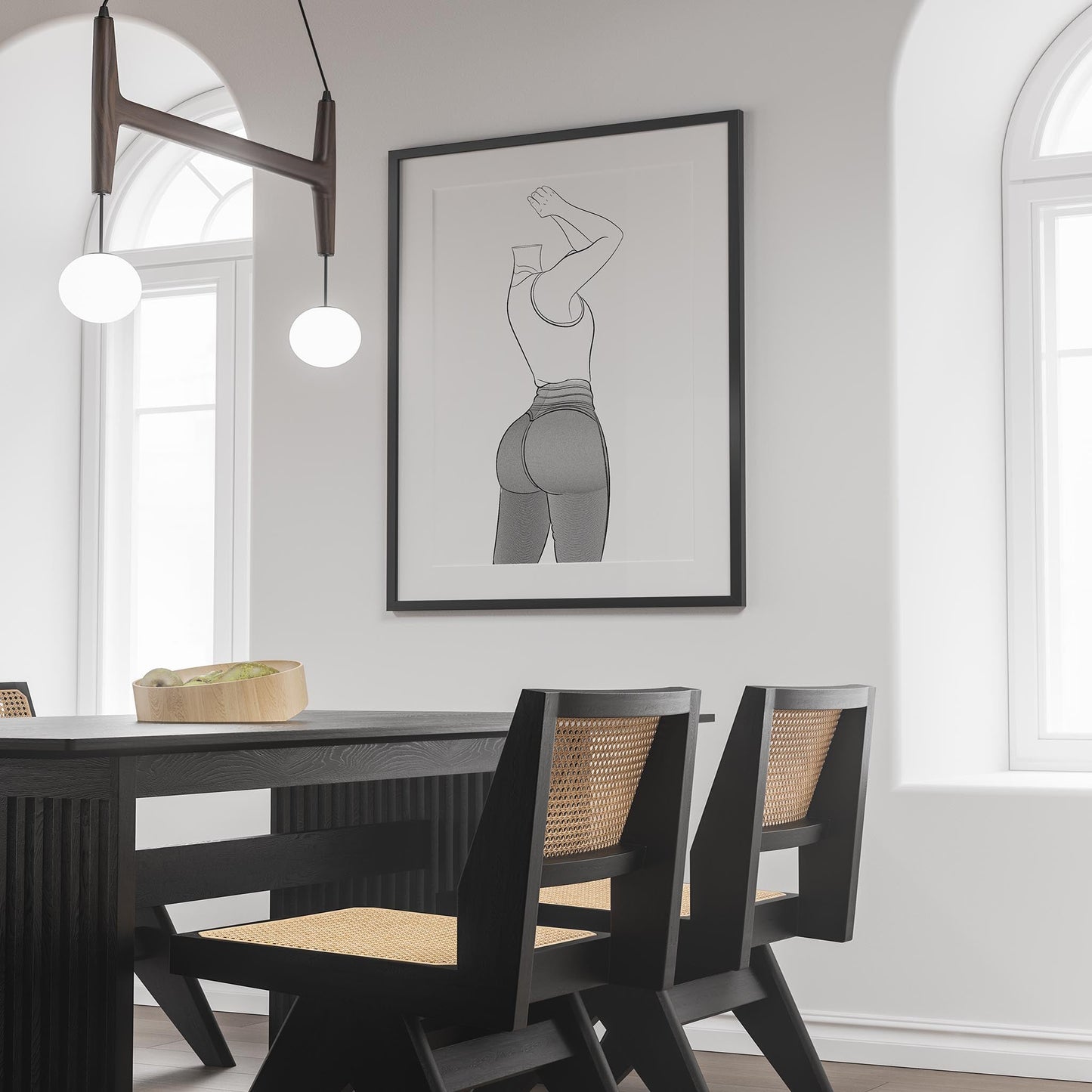Modern interior with framed "Jeans Denim - Line Model Art 26" artwork above dining table.