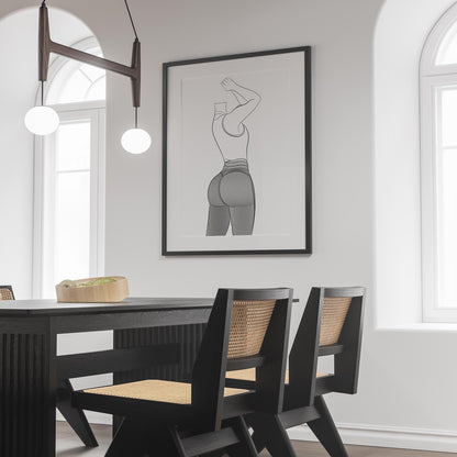 Modern interior with framed "Jeans Denim - Line Model Art 26" artwork above dining table.