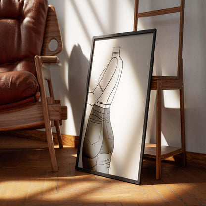 Framed digital line art of headless figure in high-waisted jeans, showcasing modern pop art denim style.
