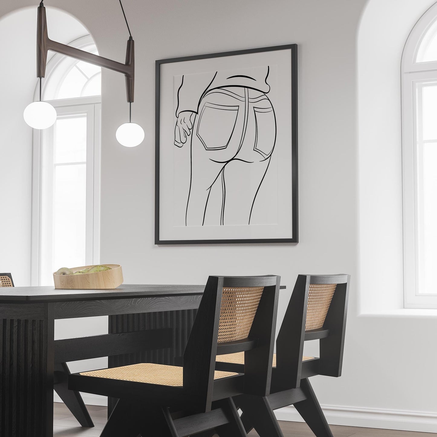 Line art of jeans denim, Model 31, displayed in modern dining room.