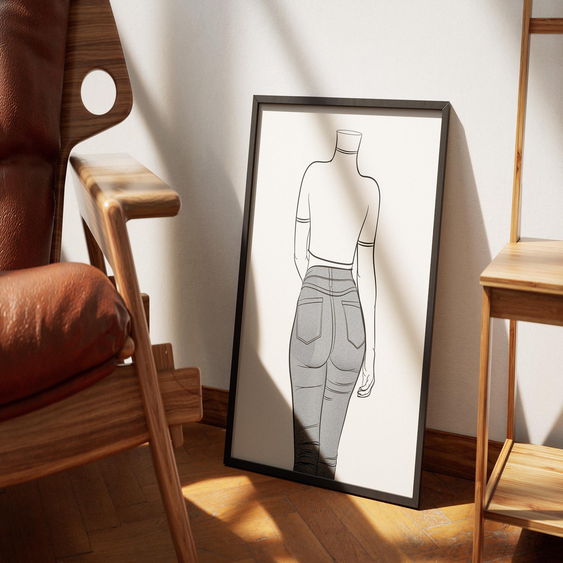 Line art of figure in high-waisted denim, framed for modern decor.
