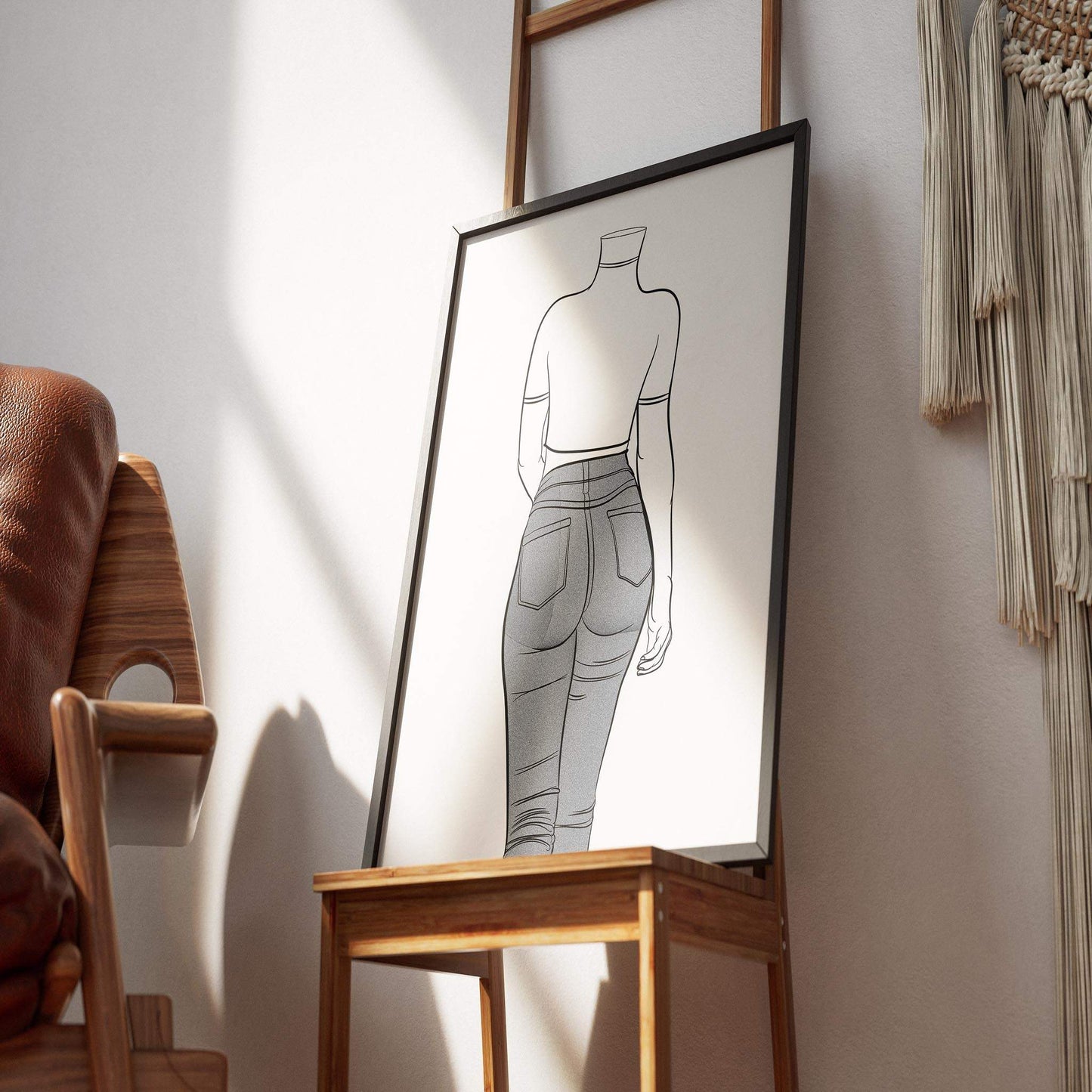 Line art of a figure in high-waisted denim, framed and leaning against a wall in a cozy room setting.