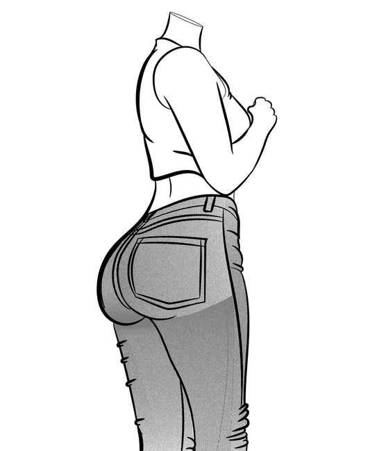 Line art of high-waisted jeans focusing on curves, titled "Jeans Denim Model 7".