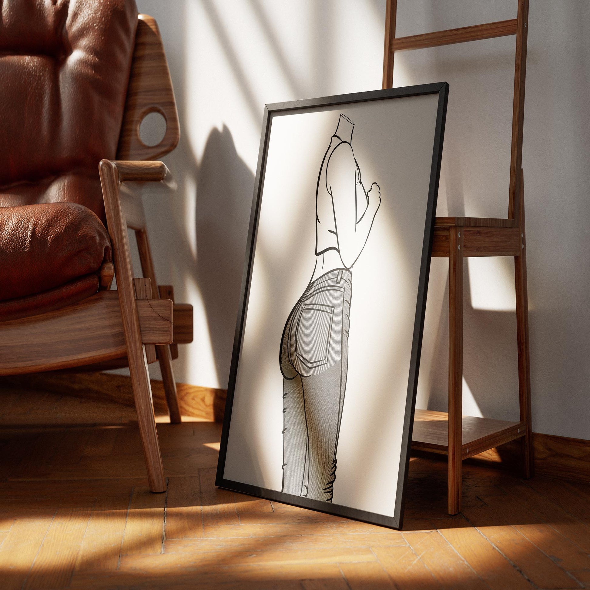 Modern pop art digital print of denim fashion, featuring sleek curves and high-waisted jeans, framed against a wooden interior.