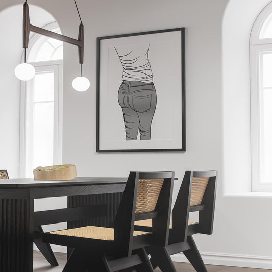 Digital pop art print featuring high-waisted denim with bold lines, titled 'Jeans Denim - Line Model Art 8' displayed in a modern dining room.