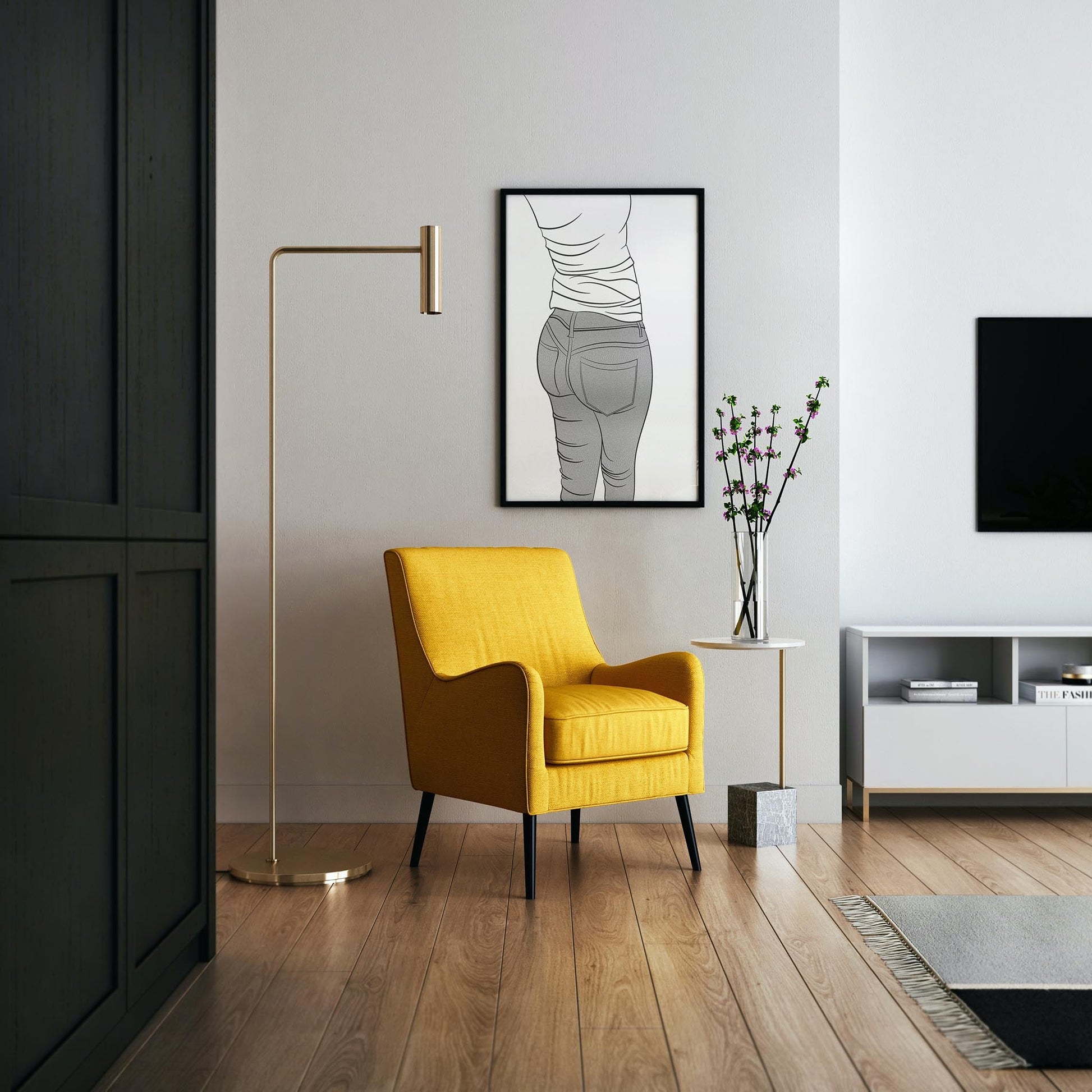 Modern living room with framed 'Jeans Denim - Line Model Art 8' digital print, yellow armchair, and stylish decor.