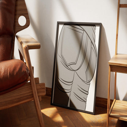 Digital artwork of high-waisted denim jeans in line art style, emphasizing curves with bold lines and shading.