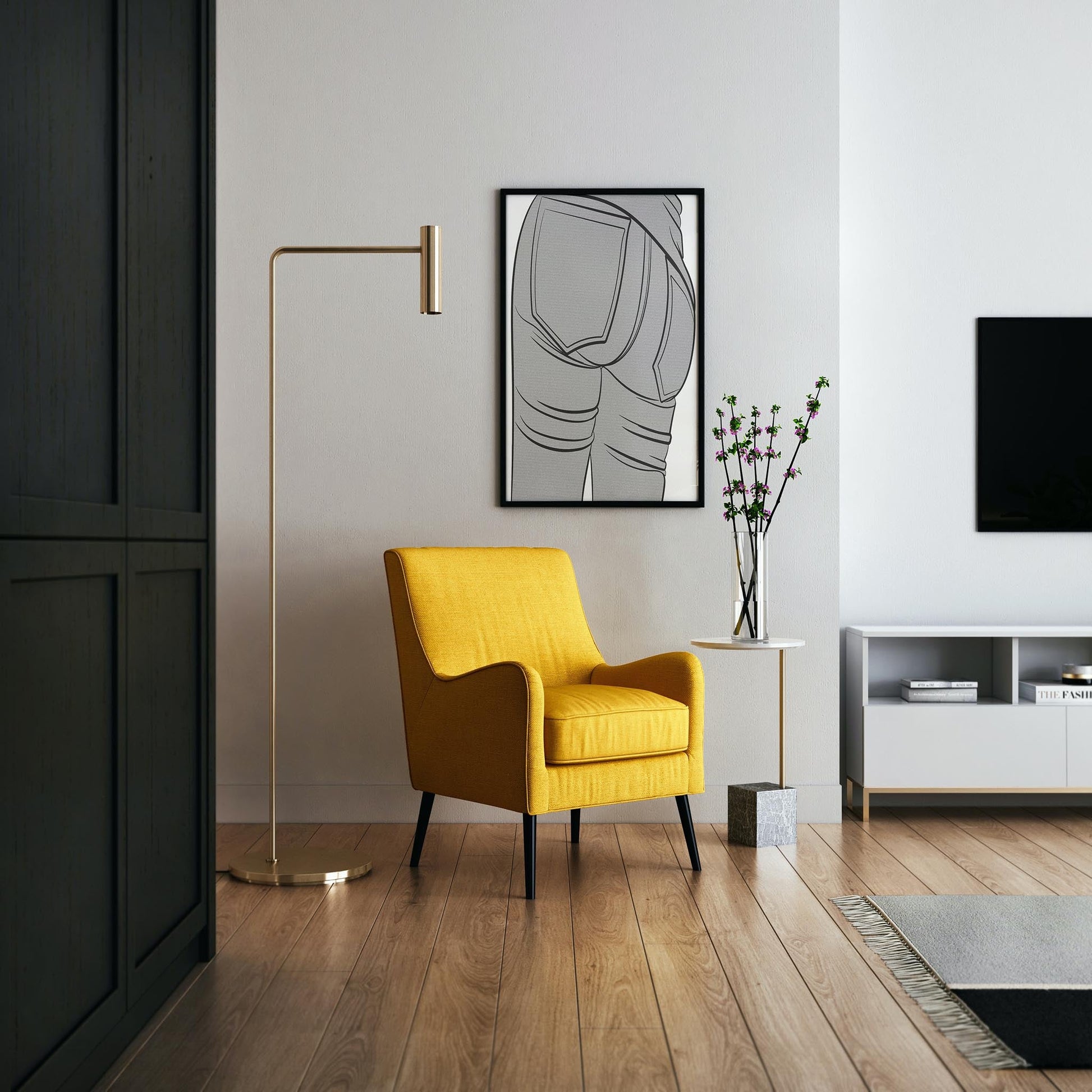 Jeans Denim Model 9 line art print in stylish modern room with yellow chair.