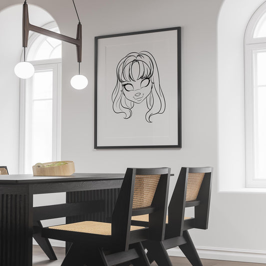 Line Art - Furries Model 20 framed artwork in a modern dining room.