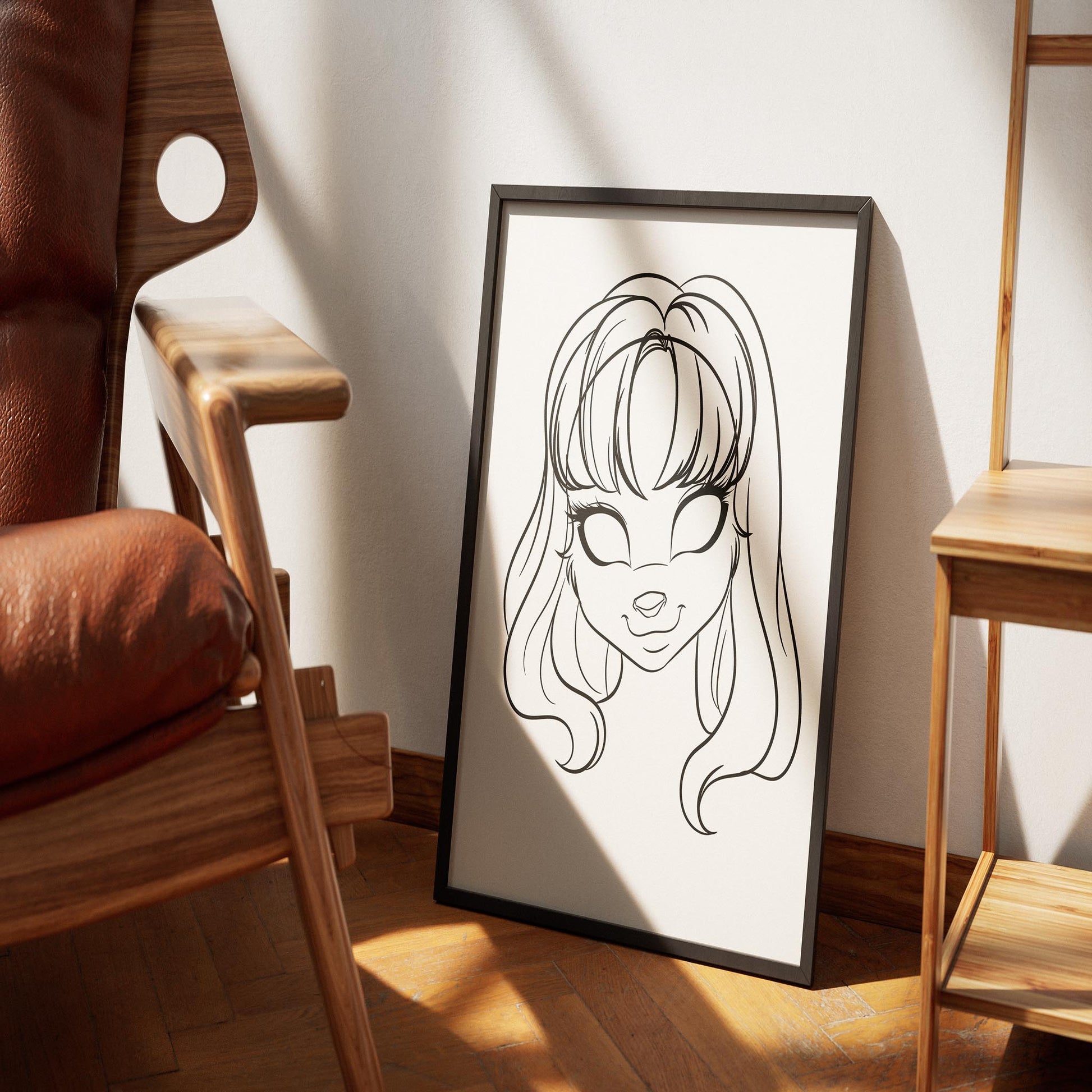 Line Art - Furries Model 20 digital artwork framed and displayed on a wooden floor, featuring enchanting magenta eyes and deep red hair.