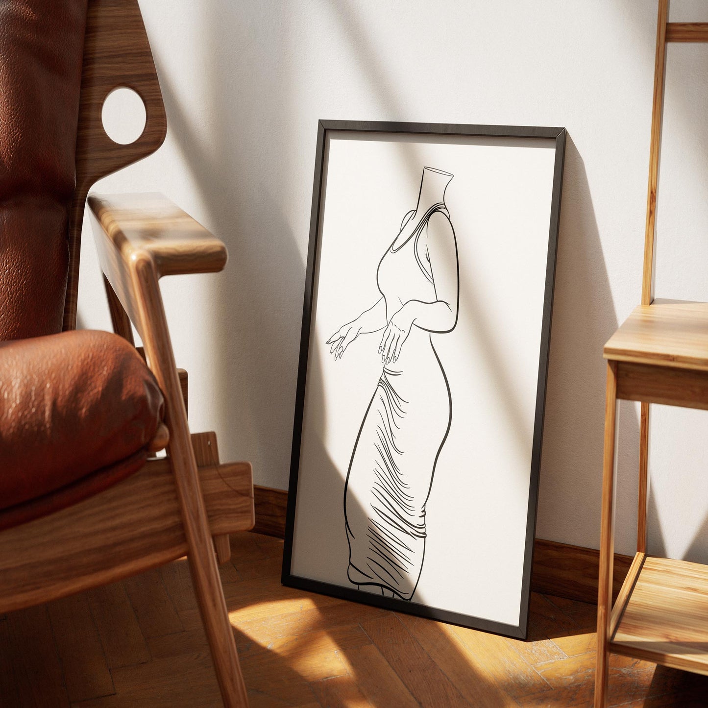 Line art of a form-fitting dress emphasizing elegance and modernity, ideal for decor or design projects.