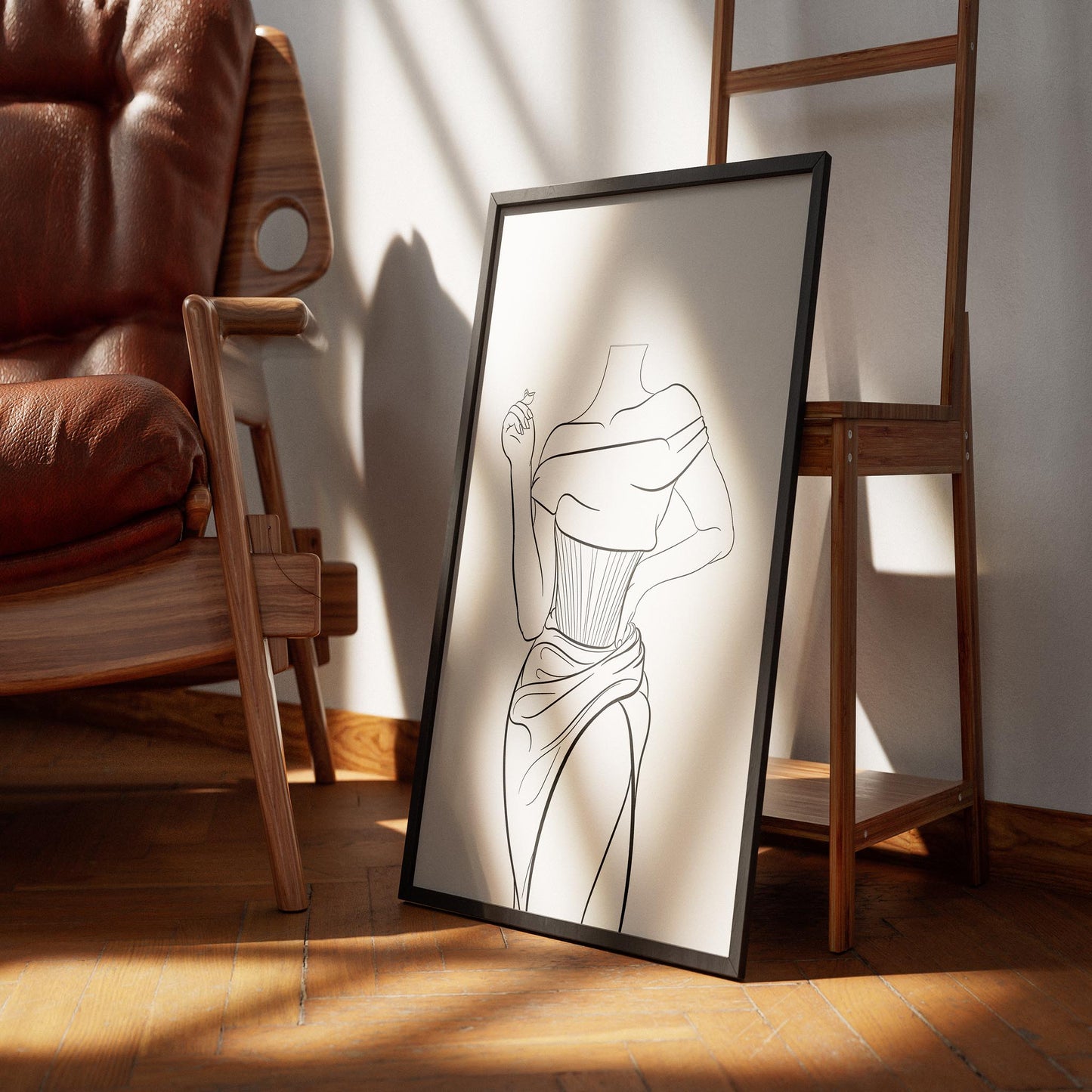 Line art of elegant corset dress in a frame, showcasing off-shoulder draping, ideal for decor or artistic projects.