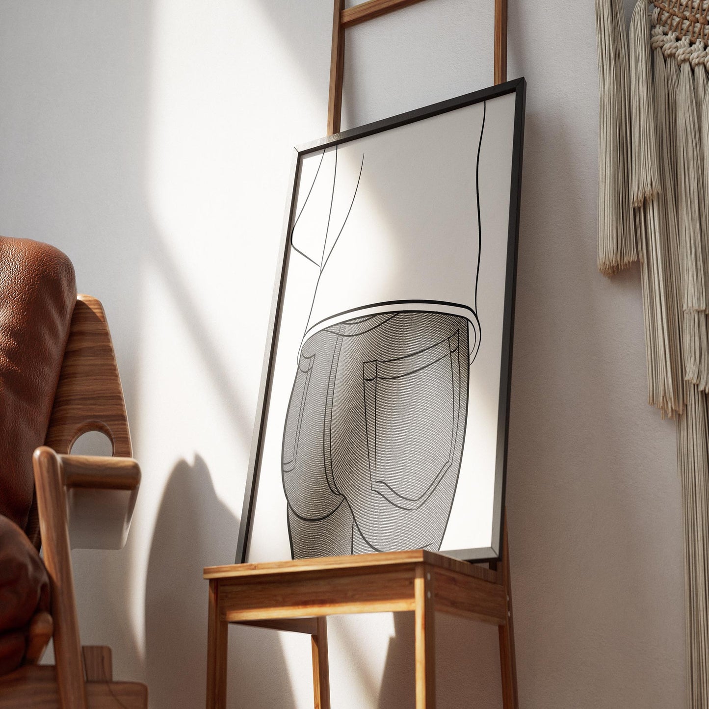 Line Art - Jeans Denim Model 48 artwork in minimalistic frame on chair near wall decor.