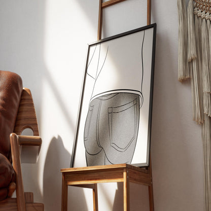 Line Art - Jeans Denim Model 48 artwork in minimalistic frame on chair near wall decor.