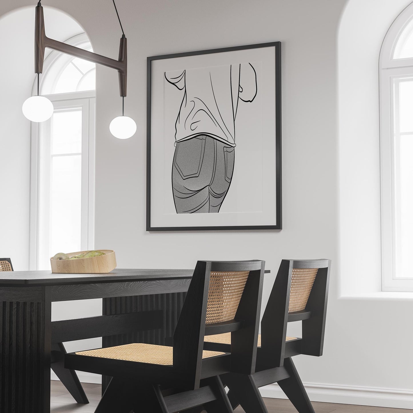 Line Art - Jeans Denim Model 49 artwork framed in modern dining room setting.
