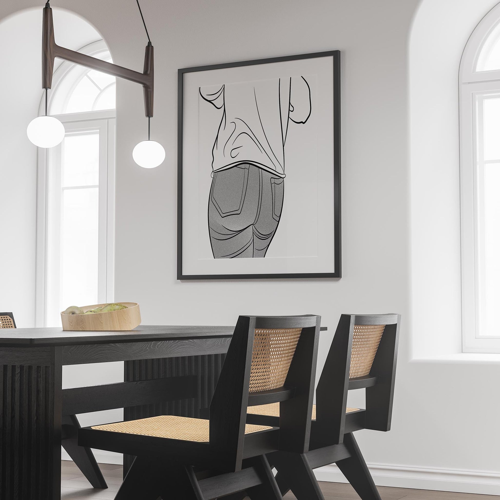 Line Art - Jeans Denim Model 49 artwork framed in modern dining room setting.