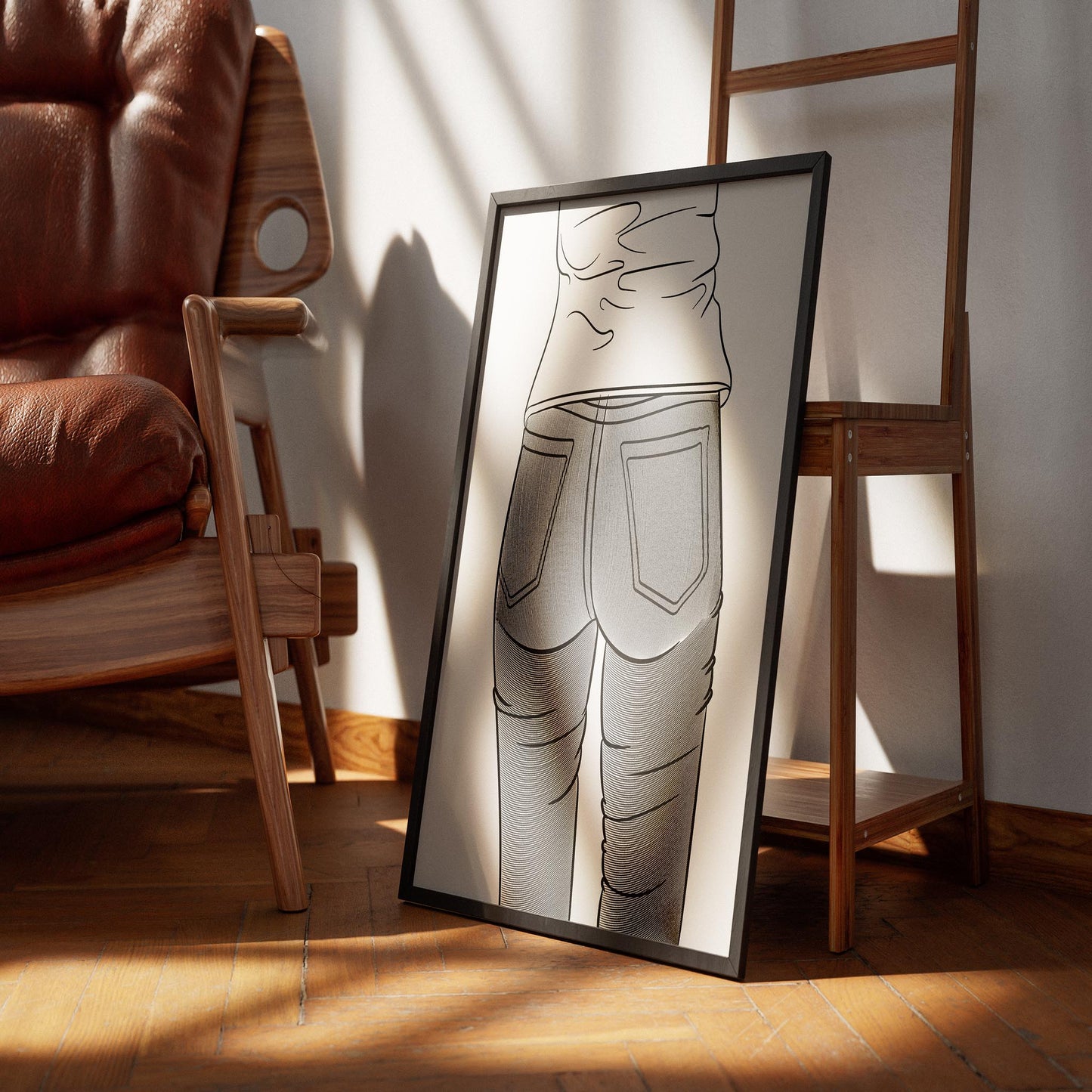 Line Art Jeans Denim Model 51 digital artwork in a frame, blending style and comfort, ideal for fashion design and digital art projects.