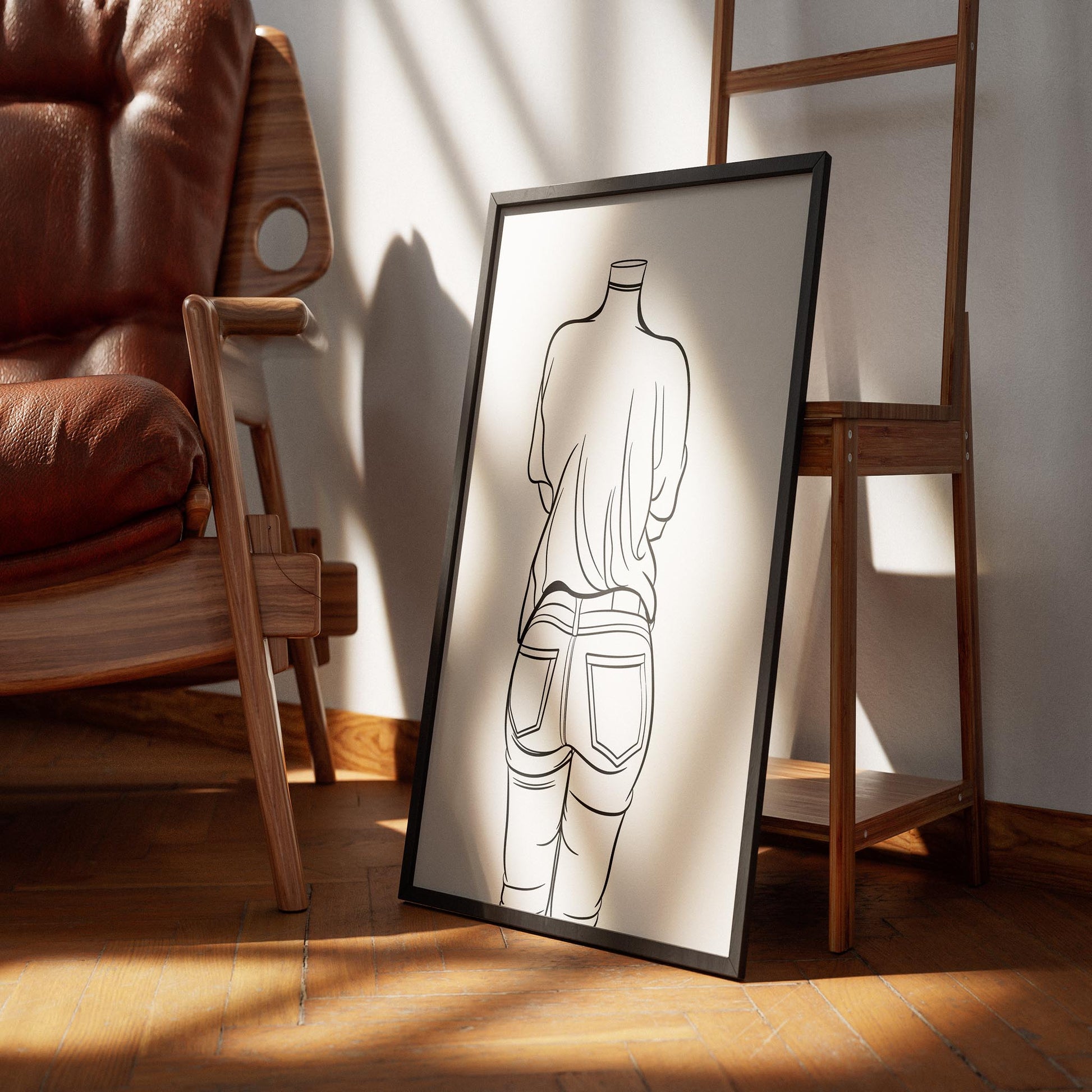 Line art illustration of skull-themed jeans denim model 54 in a frame.