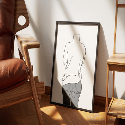 Line Art - Jeans Denim Model 55 framed digital art on floor near wooden chair.