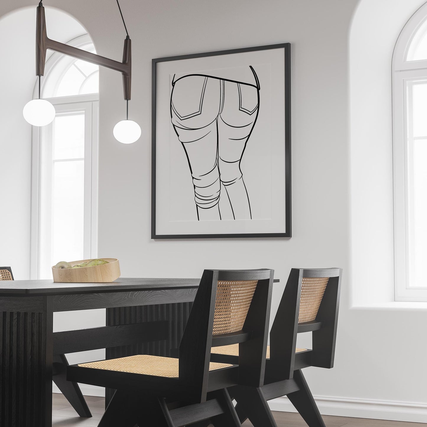 Line art of jeans denim in a modern dining room setting.