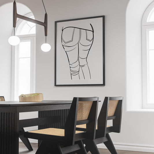 Line art of jeans denim in a modern dining room setting.
