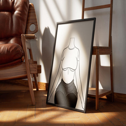 Line art poster of a model in high-waisted jeans and crop top displaying folds and shadows, enhancing realism.
