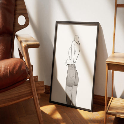 Line art of model in high-waisted jeans and crop top, showcasing shading and fabric texture.