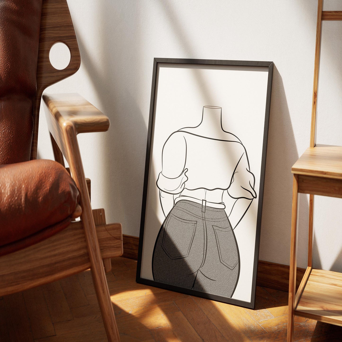 Line Art - Jeans Denim Model 76 framed artwork featuring loose top and fitted denim jeans.