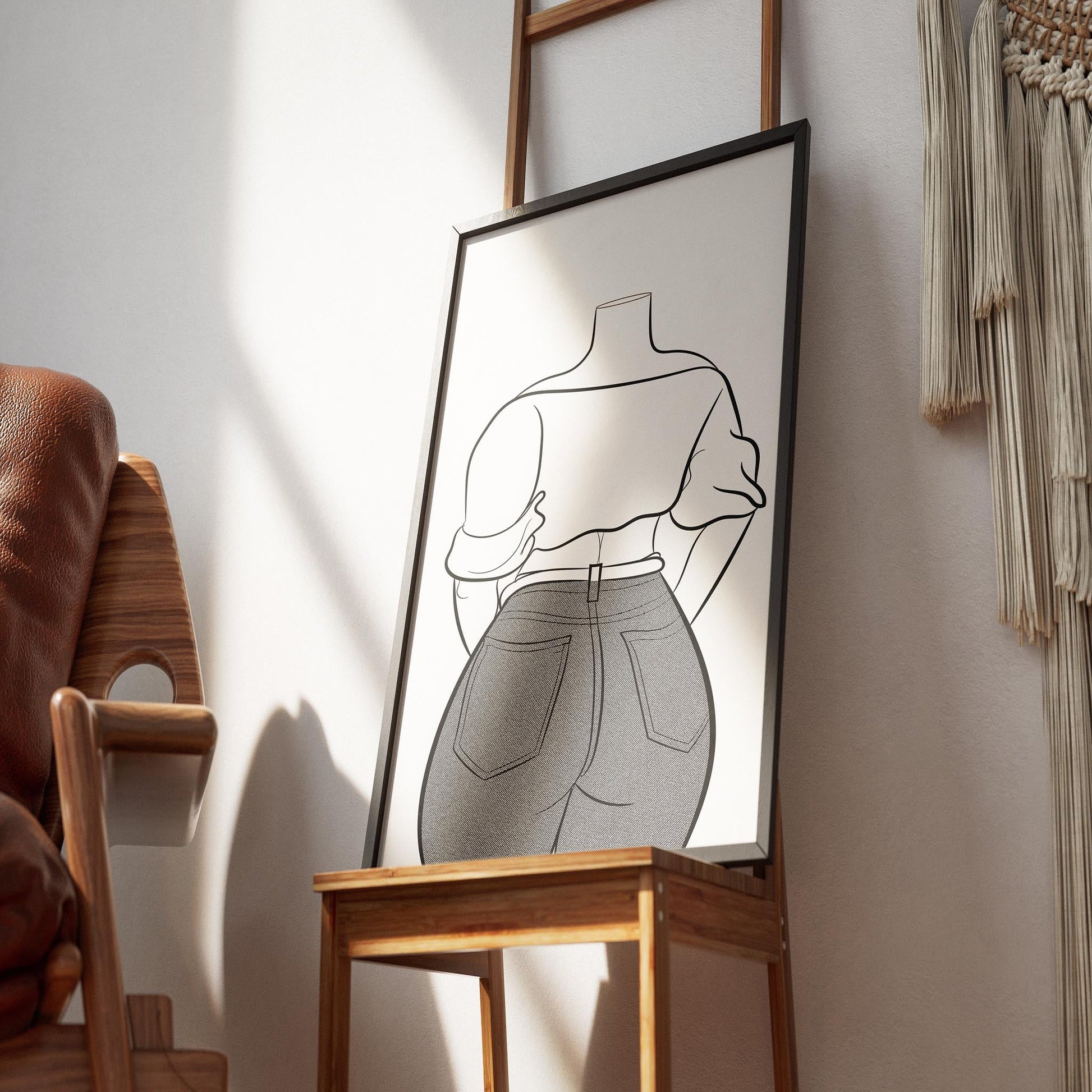 Line Art featuring off-shoulder top and fitted denim jeans, showcasing Jeans Denim Model 76.