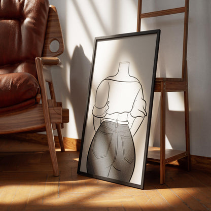 Line Art - Jeans Denim Model 76 framed artwork on wooden floor with chair.