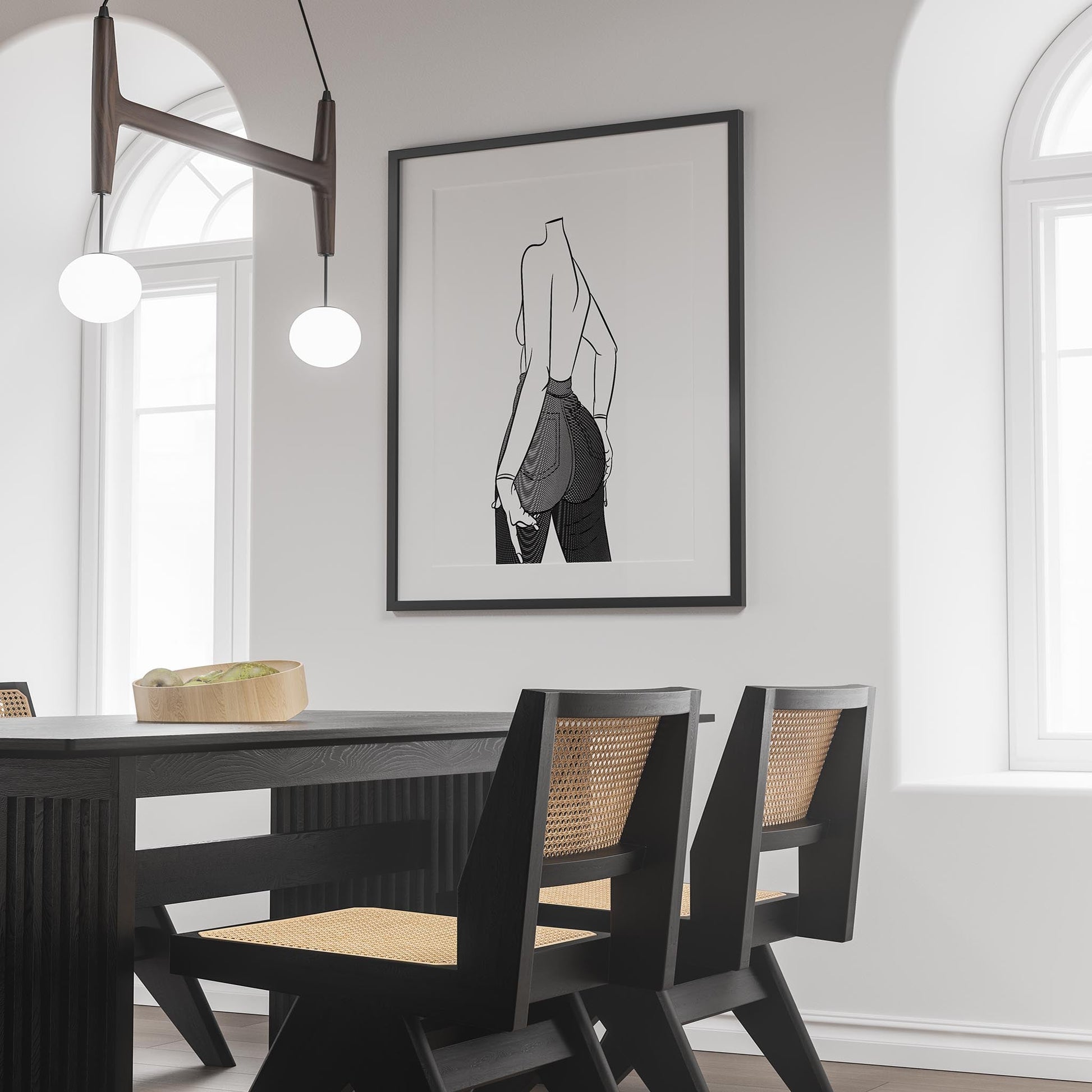 Line art print of a figure in high-waisted denim jeans, emphasizing style and dynamic design.