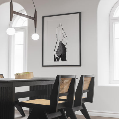 Line art print of a figure in high-waisted denim jeans, emphasizing style and dynamic design.