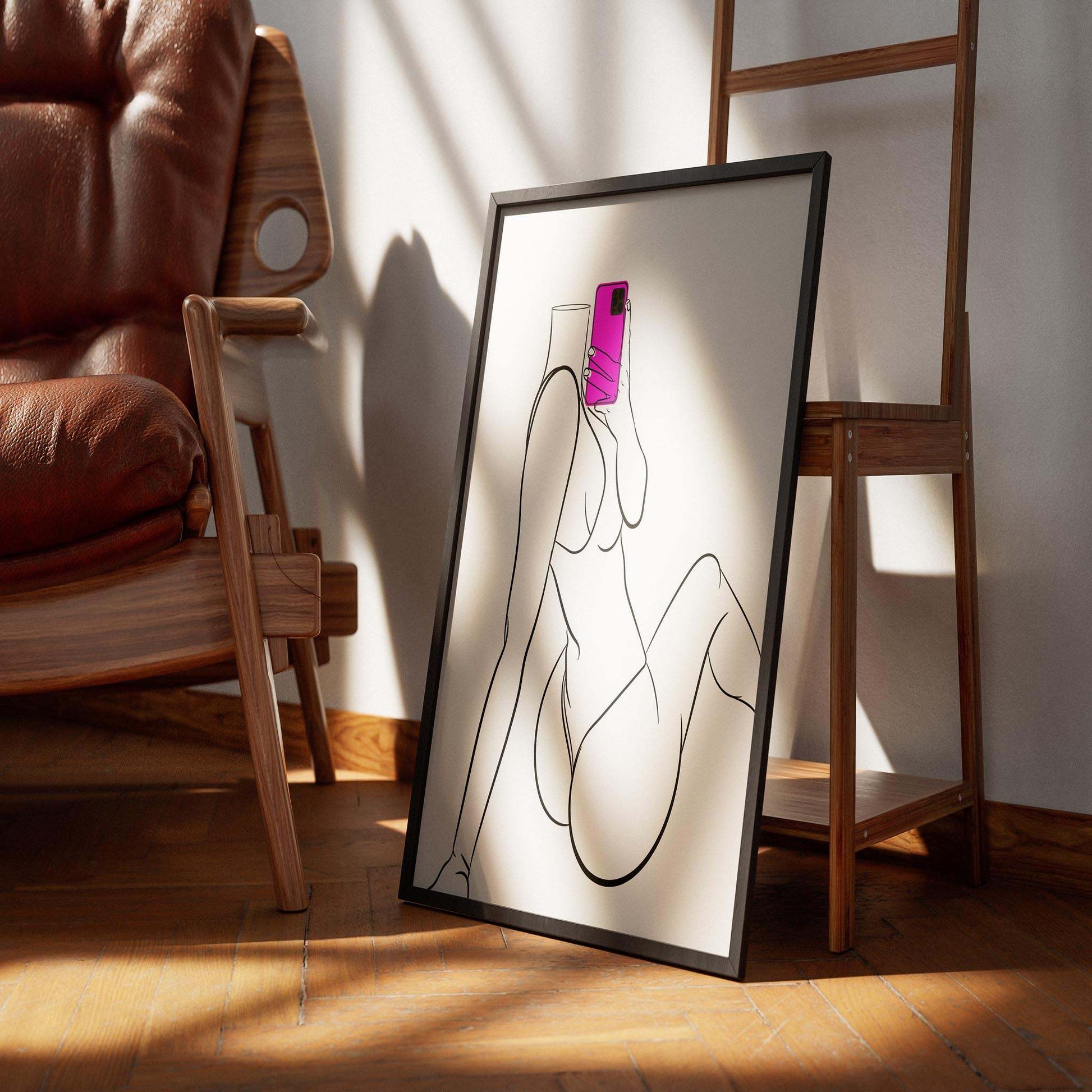 Digital line art illustration of a stylish figure in denim attire, Model 101, displayed in a modern setting.