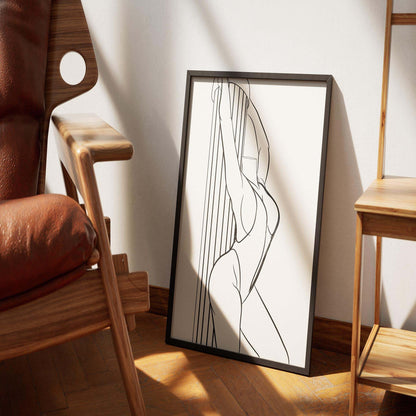Digital line art print of a bikini model in a dynamic pose, titled "Model 15 - Line Art", perfect for modern decor.