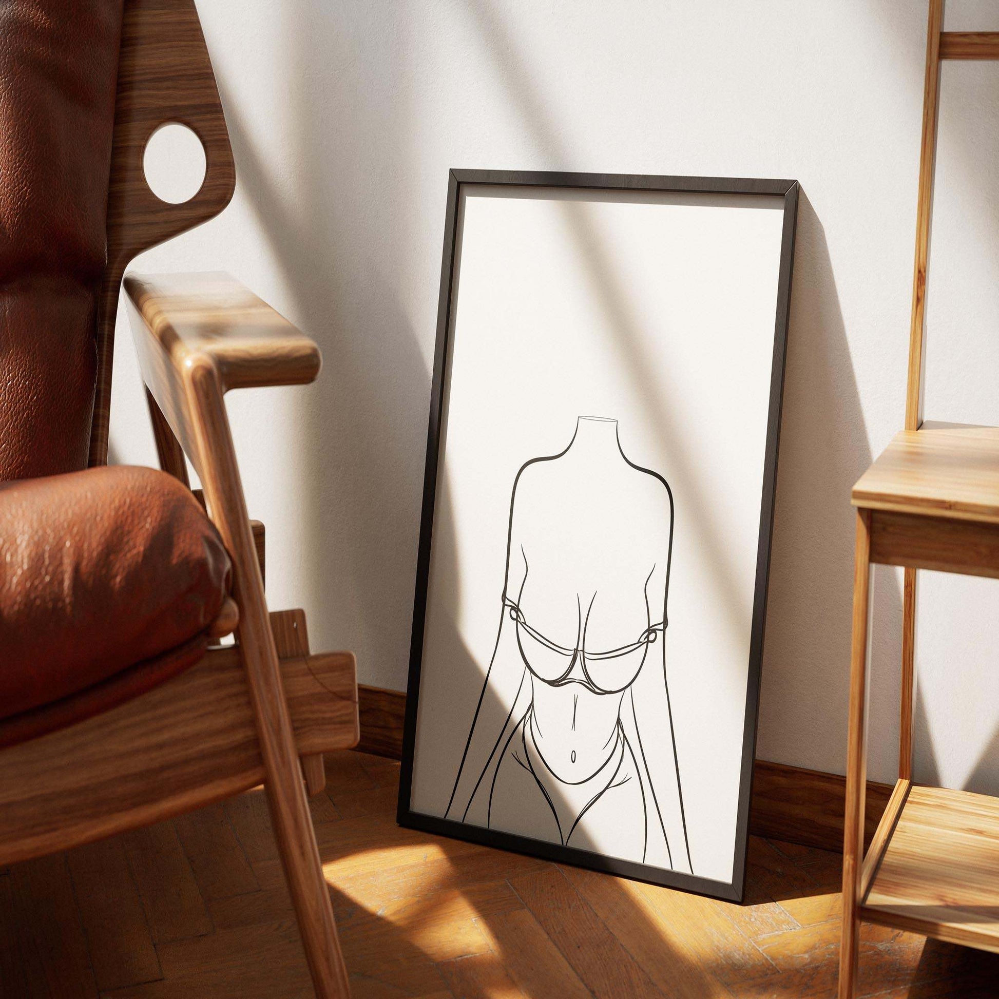 Minimalist pop art digital print titled "Lingerie Model 18 - Line Art," featuring a headless figure in a pink bikini, suitable for modern decor.
