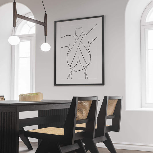 Minimalist "Model 2 - Line Art" framed artwork in a modern dining room.