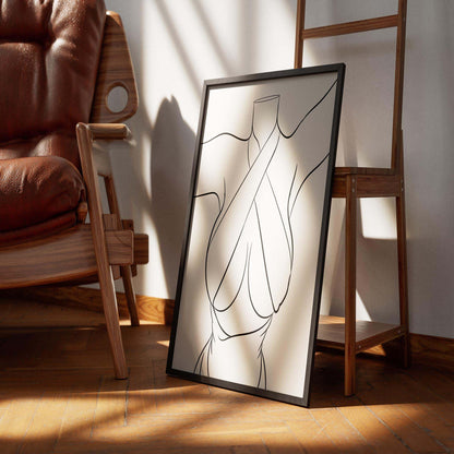 Digital line art print titled "Dress 22 - Digitalized Arts Line Art," featuring a stylized female figure in a chic, cross-wrapped top, displayed in a modern interior setting.