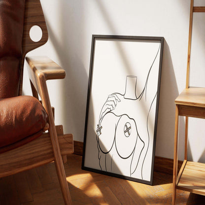 Model 51 - Line Art digital artwork framed and leaning against a wall in a sunlit room.
