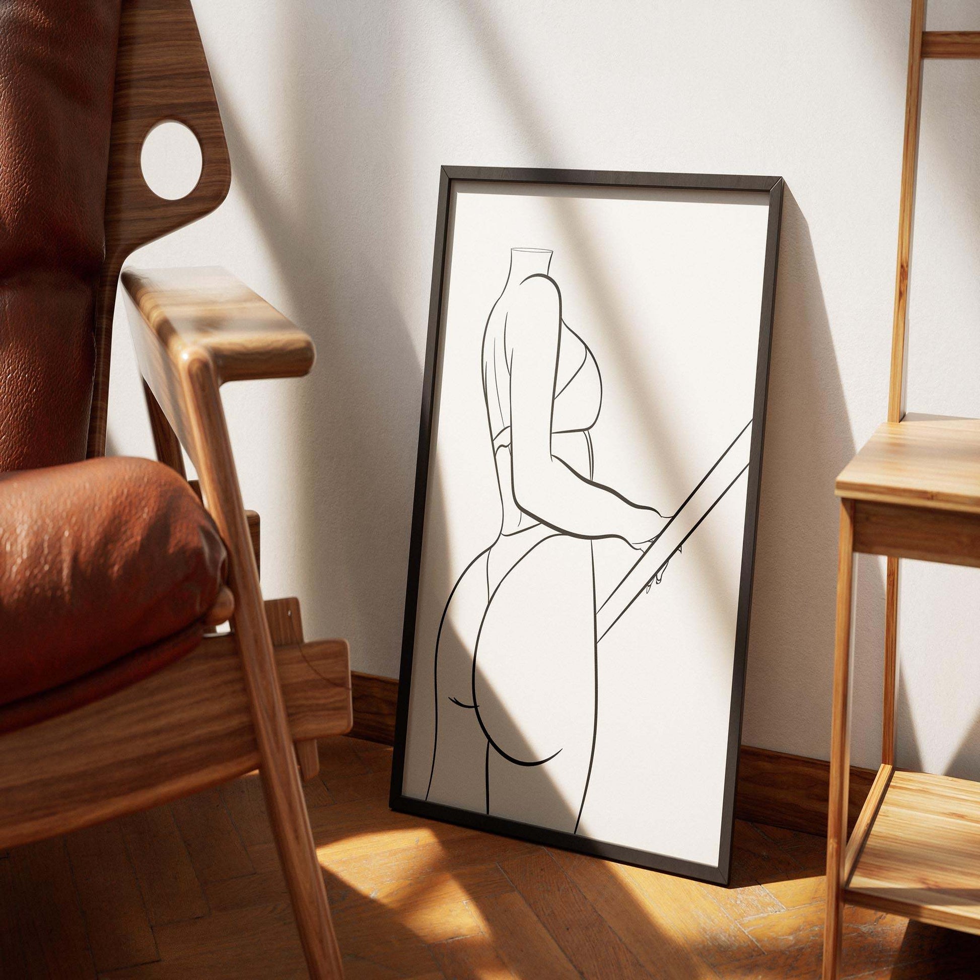 Digital line art of curvaceous female figure in swimsuit, Model 7, framed in a stylish interior setting.